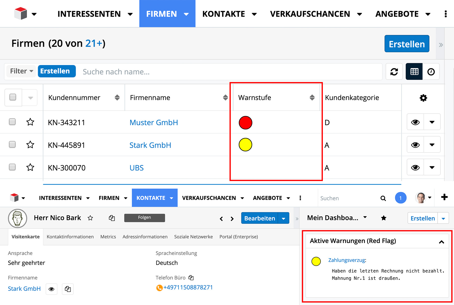 MyCRM Enhancements für Sugar Warnungen (Red Flag)